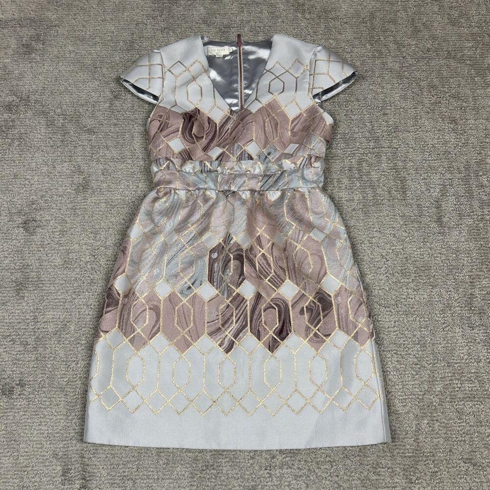 Ted Baker 2 Jacquard Dress Womens 6 Cap Sleeve Silver Rose Gold Pockets Formal